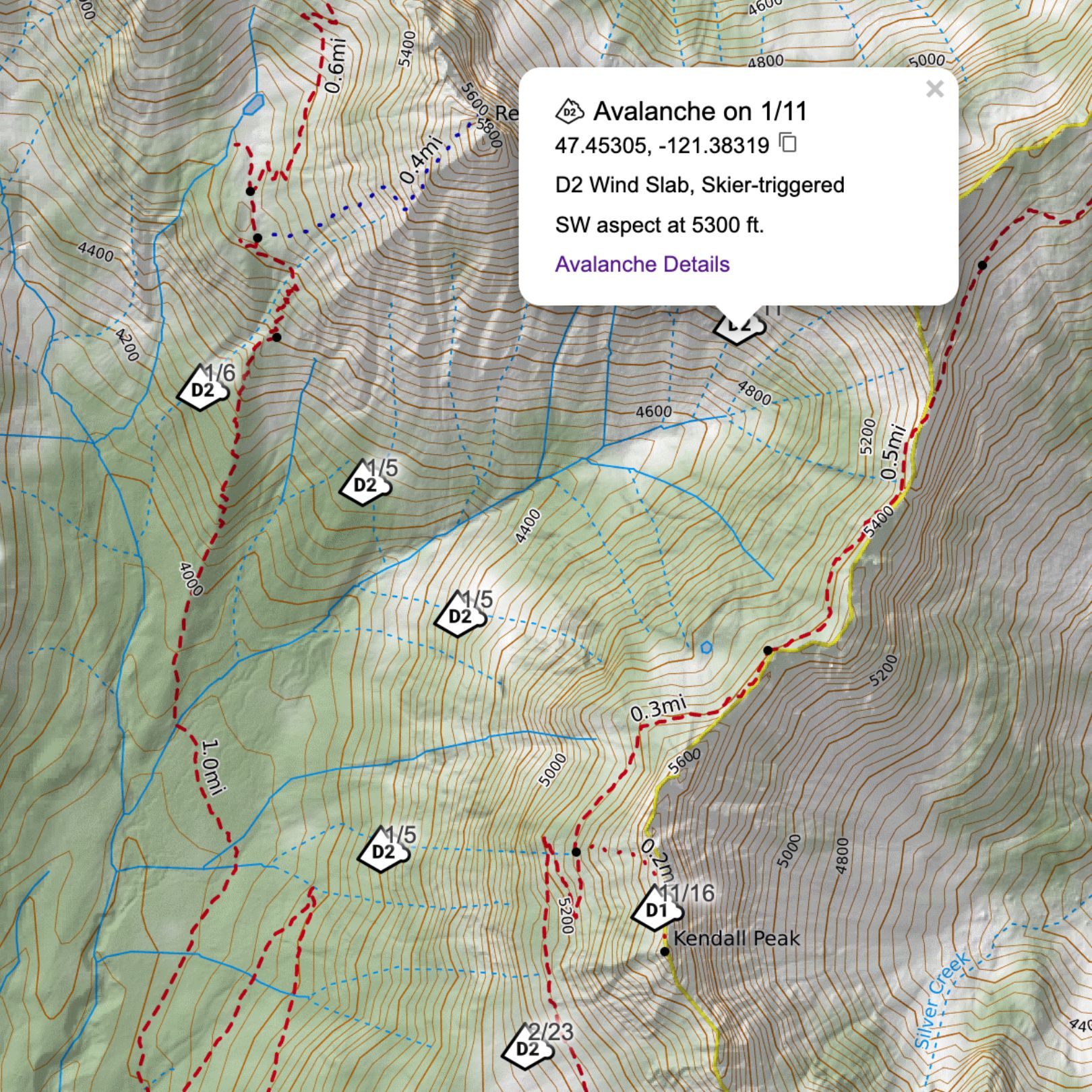 Avalanche icons indicating reported avalanche occurrences